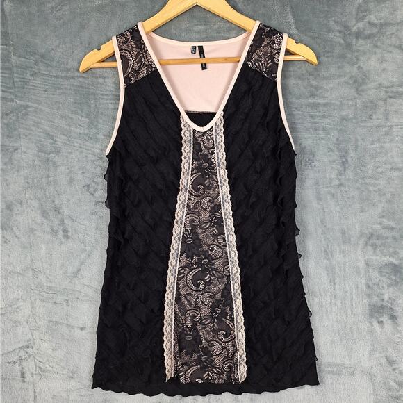Womens Top Medium Black Fairy Grunge Ruffle Floral Lace Feminine Dainty Goth‎ - Picture 1 of 6
